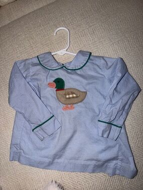 Blue Checkered Baby Top with Duck Applique